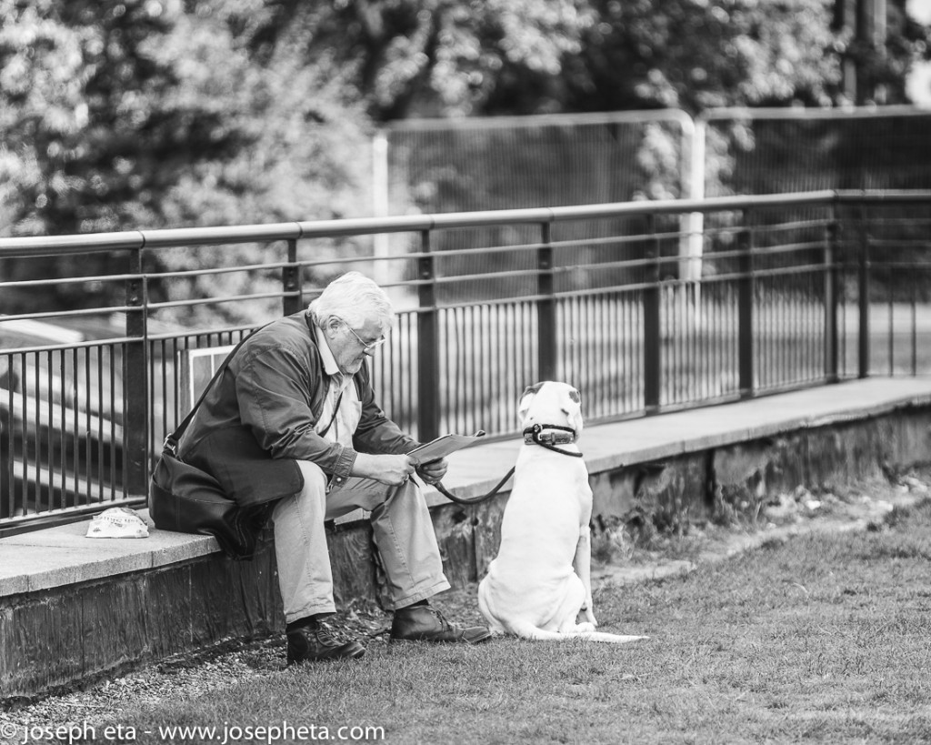 street photography of  mature man sitting down with his dog at the South Bank in London and reading a newspaper