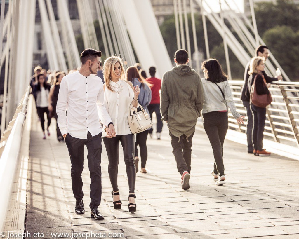 street photography of a couple walking hand in hand across the Hungerford Bridge on the South Bank