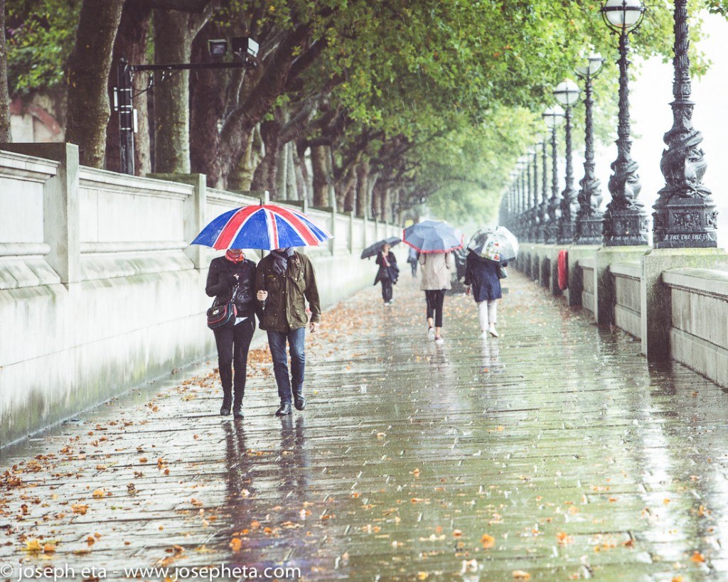 street photography of a couple walking inn the rain on the south bank in London