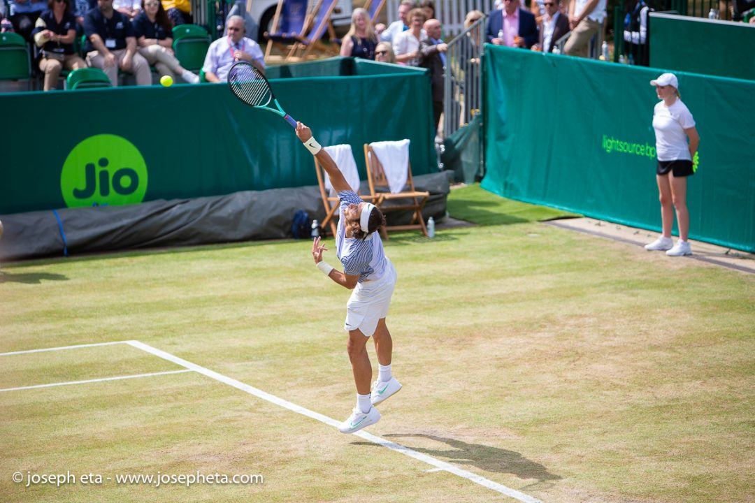 Lorenzo Mussetti serving at The Boodles Tennis Challenge