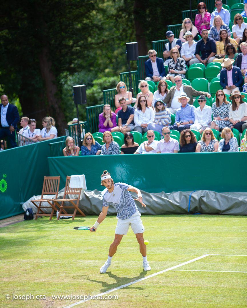 Lorenzo Mussetti striking a forehand at The Boodles Tennis Challenge