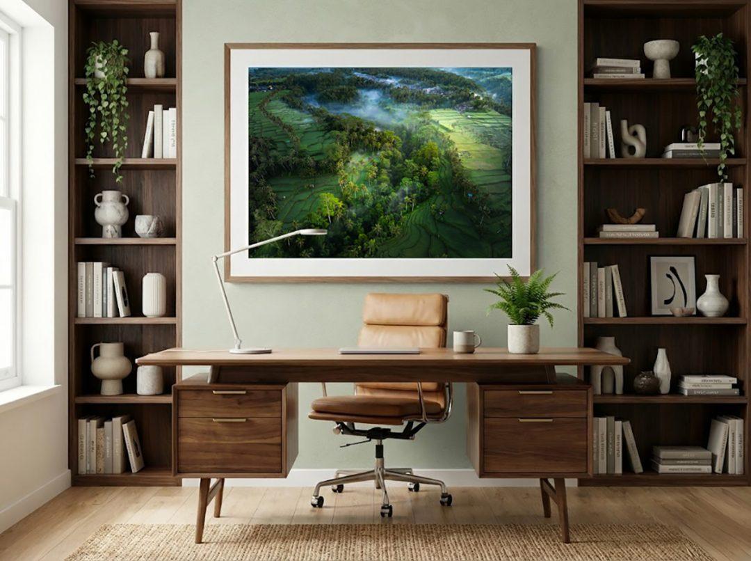 Misty tropical forest canopy aerial shot. Biophilic art for calming home offices and studies.