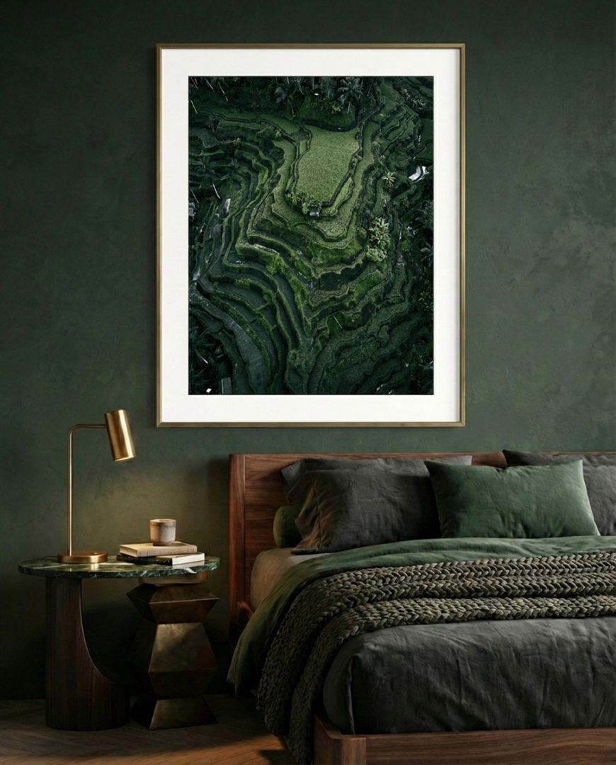 Aerial view of deep green rice terraces. Dark