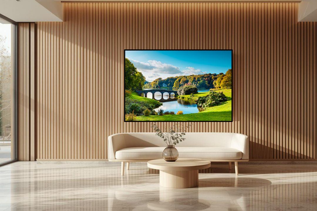 Mockup of biophilic fine art landscape photography featuring a stone bridge and calm water, installed in a modern, wood-paneled healthcare waiting room.