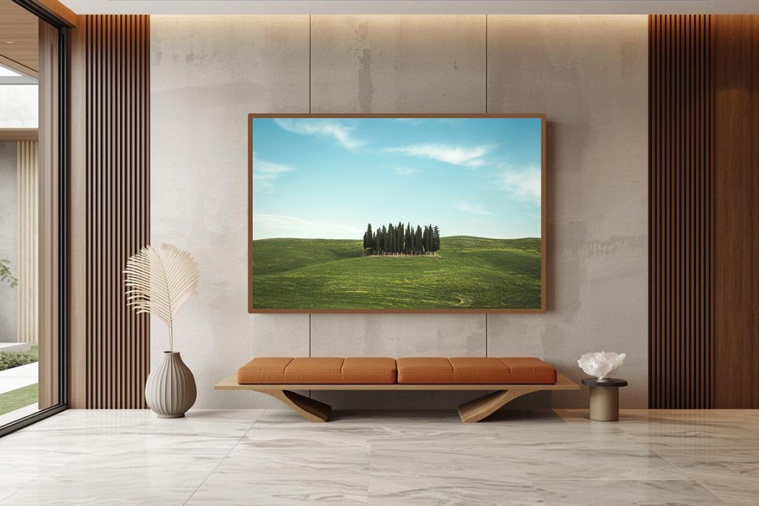 Mockup of biophilic fine art photography featuring a symmetrical cluster of Cyprus trees on a green hill, installed in a minimalist, concrete-finish healthcare waiting area.