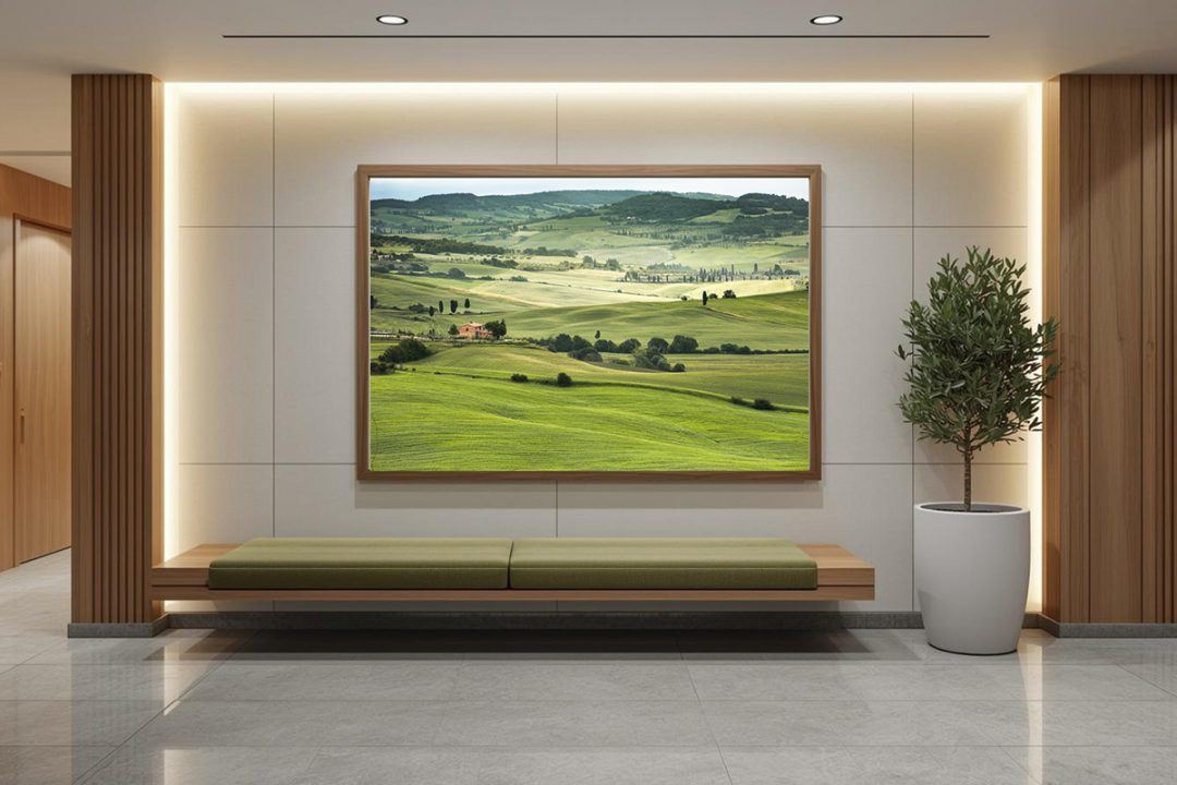 Mockup of biophilic fine art photography featuring sweeping green pastoral fields, installed above a modern wooden bench in a softly lit hospital corridor.