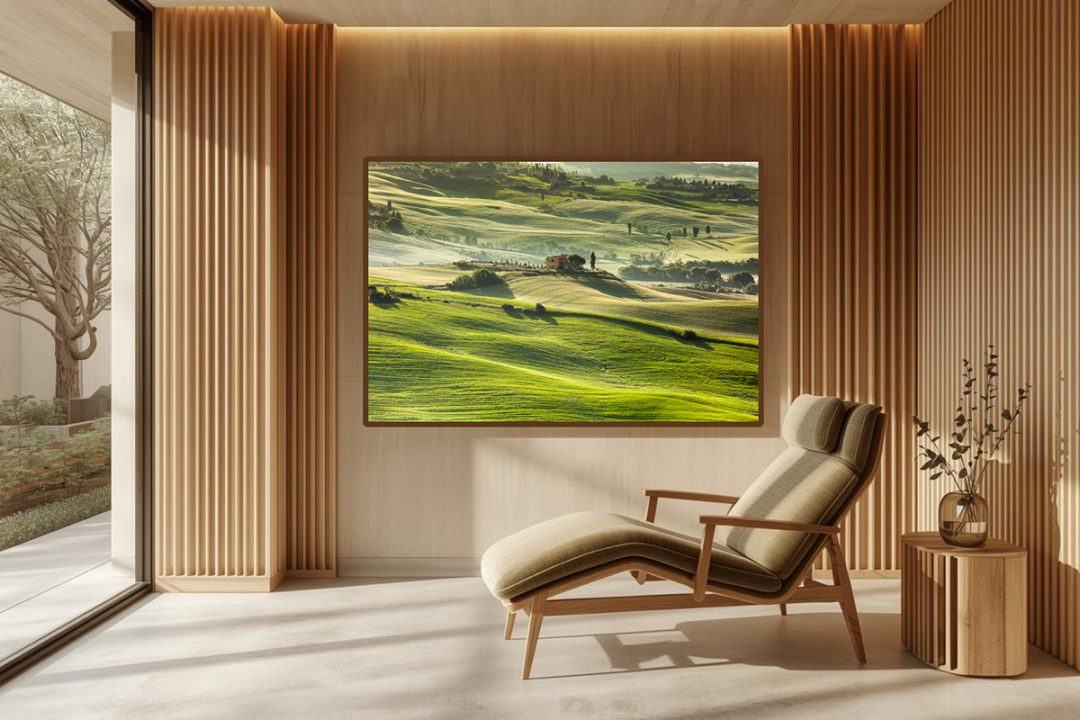 Mockup of biophilic fine art photography featuring rolling green Tuscan hills and a farmhouse bathed in morning light, installed in a tranquil wellness room with a modern wooden lounge chair and slatted timber walls.