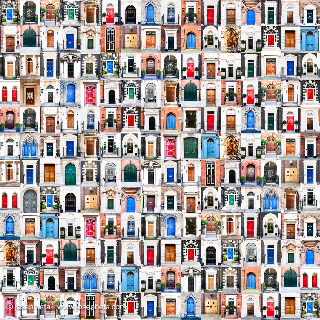 The Architecture of Opportunities: A meticulously crafted 192-image composite of traditional English doors.