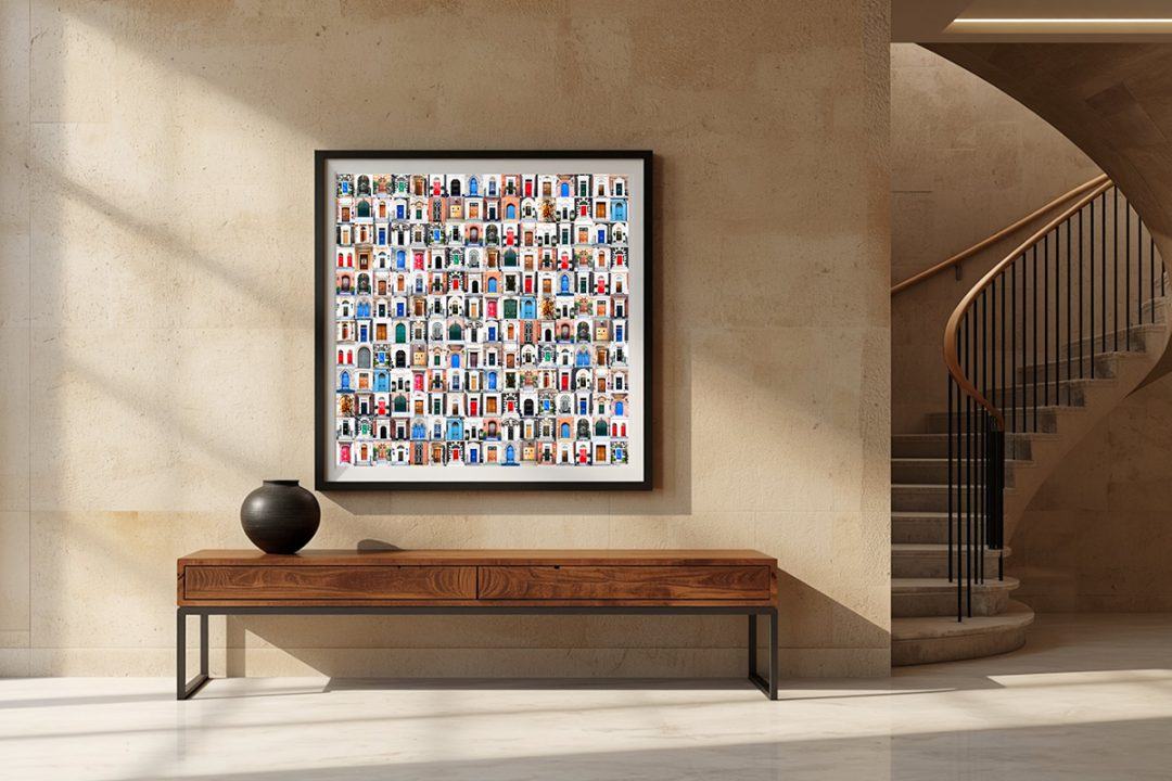Styled in a luxury grand foyer. The structural grid of the artwork perfectly balances the sweeping, organic curve of the staircase, offering a profound statement on 'thresholds' right at the entrance of the home.