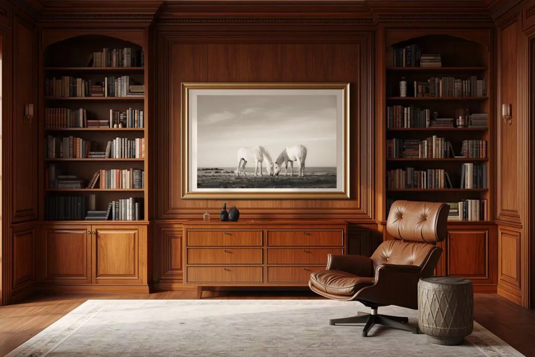 In a space dedicated to quiet strategy and deep reflection, this piece serves as a visual anchor for grounded wisdom. Framed against rich wood and classic architecture, it mirrors the seasoned leader's understanding of deliberate mastery—a daily reminder that true endurance requires stepping away from the noise to find clarity.