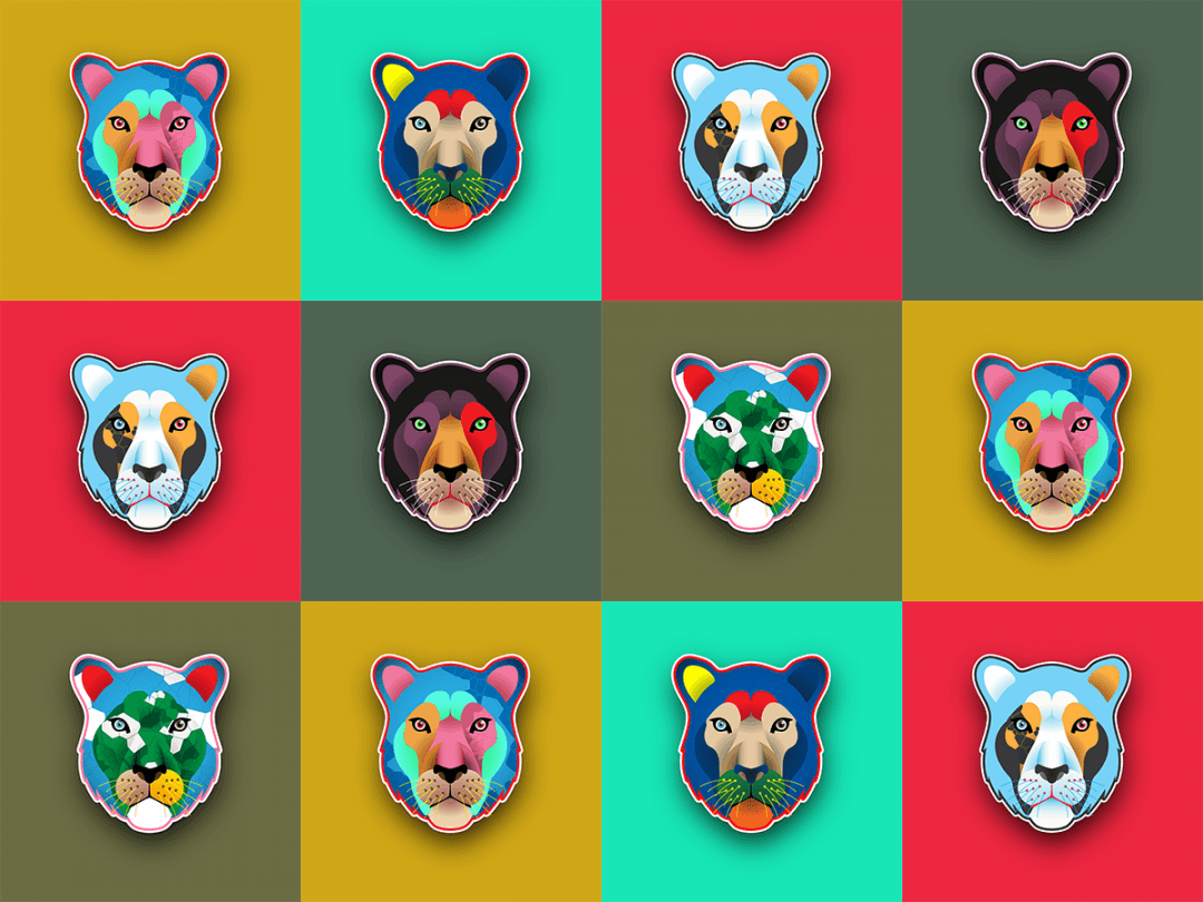 A 4x3 curated grid of the Lioness archetype. This pop-art inspired matrix utilizes 5 distinct profiles, strategically repeated to form rhythmic power triangles across vibrant red, bold yellow, and mint green backgrounds.