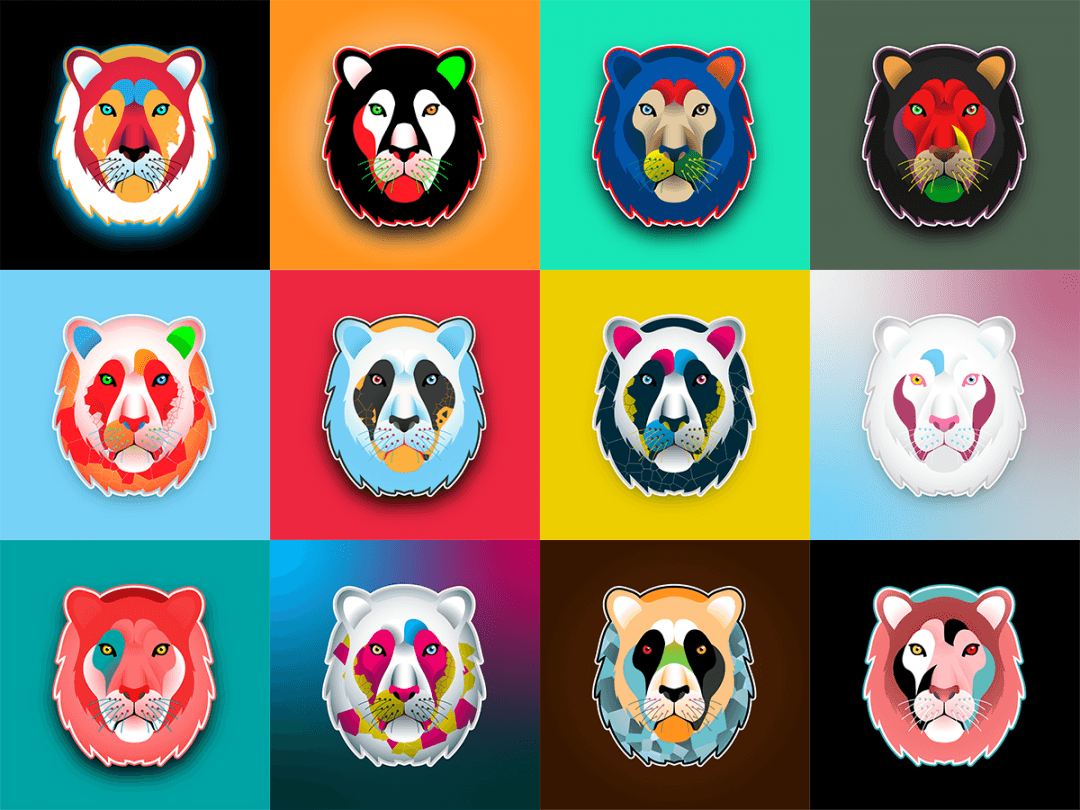 A 4x3 curated grid of the Lion archetype. This 12-piece matrix contrasts grounding, stoic earth tones against highly disruptive, electric palettes and striking heterochromia to create a dynamic checkerboard of visual density.