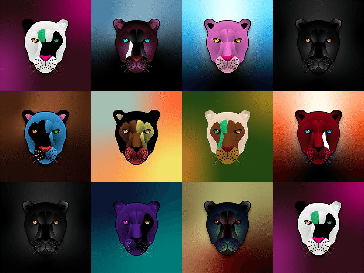 A 4x3 curated grid of the Panther archetype. This stealth-focused matrix features 10 distinct profiles, utilizing corner-anchored pure black and stark white repeats to create a visual vault that frames complex crimson, purple, and earthy mid-tones.
