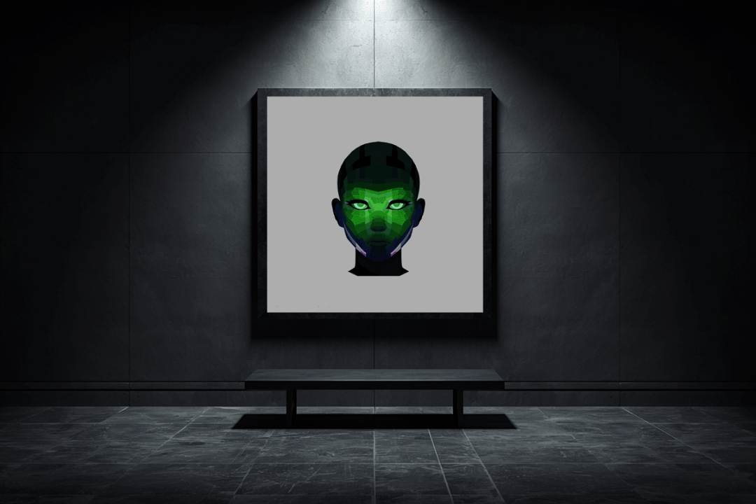 The Abyssal Sentinel” presented in a dramatic, moody Brutalist concrete gallery, a raw and shadowy environment that perfectly isolates the portrait’s intense, luminescent gaze and hyper-focused stealth.