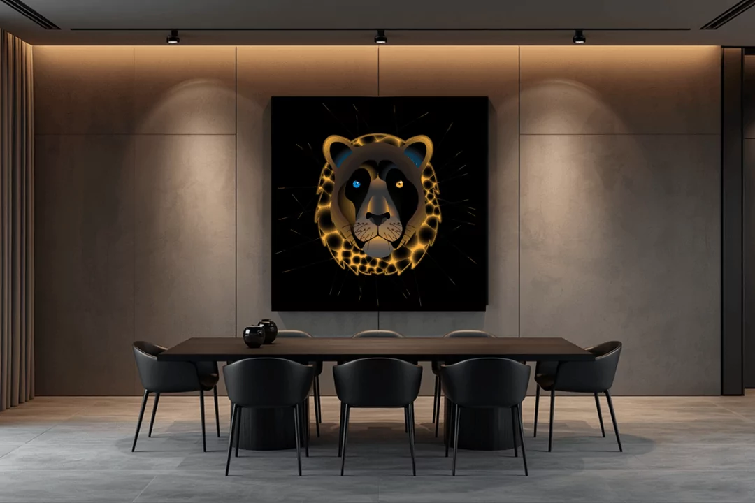 Curated to anchor an intimate, moody dining space with its glowing amber contrast.
