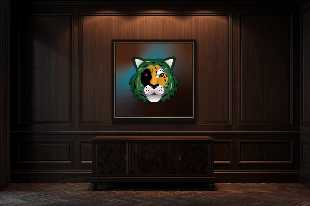 Commanding the shadows with relentless drive. The Emerald Sovereign finds its domain within the heavy, imposing atmosphere of this moody, regal study. Grounded by rich walnut paneling and deep mahogany, the fierce protector conceals its most ruthless strategies behind a heavy obsidian mask. Meanwhile, those piercing crimson eyes cut straight through the dark, vibrating with formidable, burning ambition.