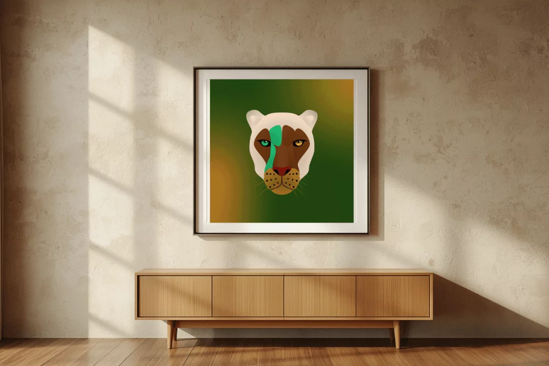 Grounded wisdom meets sudden disruption. The Malachite Oracle harmonizes flawlessly with the warm, textured beige plaster and natural oak wood of this sophisticated organic modern living space. Soft, diffused natural sunlight highlights the deep umber and ivory tones of the jaguar's face, while the striking malachite green slash acts as a bold, modern, and visionary interruption within an earthy sanctuary.