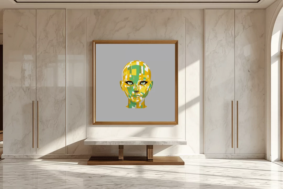 The Mosaic Tactician” displayed within an opulent, sunlit marble interior, where the elegant, airy space beautifully harmonizes with the vibrant golden geometry and hyper-analytical adaptability of the piece.