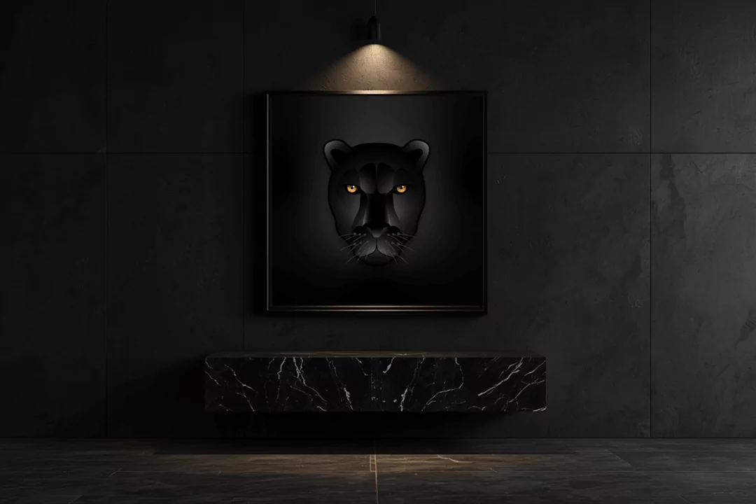 The ultimate minimal statement. The Obsidian Sovereign finds its true home in this hyper-minimalist, dark monochromatic lounge. Set against matte black walls and illuminated by a precise pinpoint gallery spotlight, the art is a phantom of absolute authority, with those piercing amber eyes glowing directly out of the deep shadows of the room.
