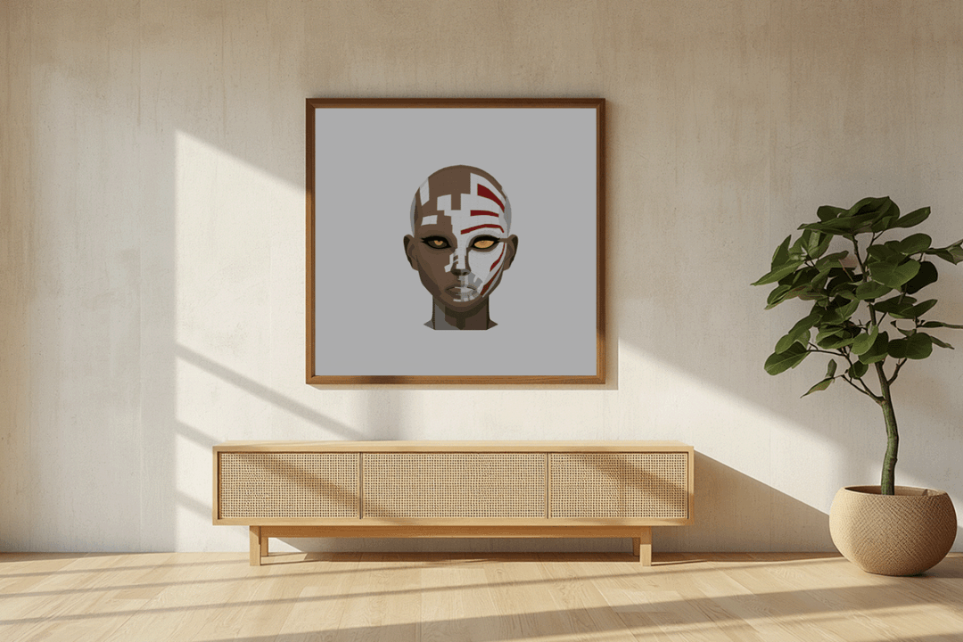 The Primal Dualist” grounded in a serene, Japandi-style organic modern space, offering a contemplative architectural balance to the portrait’s striking clash of raw earthy instinct and stark cybernetic precision.