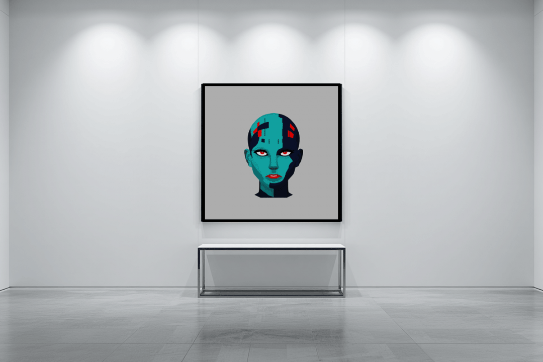The Systematic Stoic” commanding a clinical, hyper-modern minimalist environment, where the sterile architecture aggressively accentuates the piece’s sharp cyan grid and calculated, stoic detachment.
