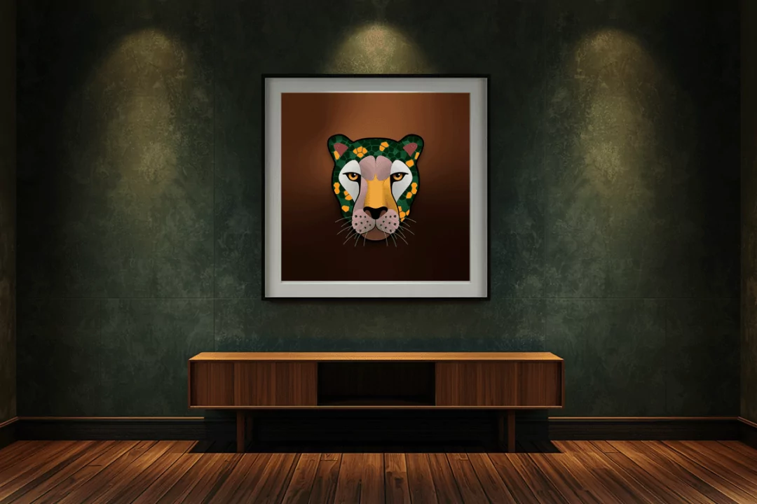 Deep focus meets rich texture. The Viridian Vanguard is perfectly at home in a moody, earth-toned study. The deep forest greens seamlessly blend into the environment, while the glowing golden accents and analytical amber gaze bring a grounded, calculated clarity to the room.