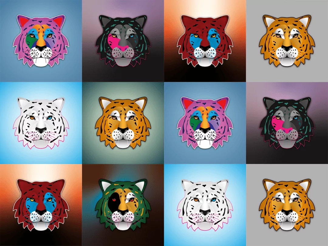 A 4x3 curated grid of the Tiger archetype. Expanding 7 distinct profiles into a 12-slot matrix, this arrangement creates diagonal visual kinetic energy by juxtaposing classic orange profiles with pristine white, deep green, and vivid pink cybernetic blocking.