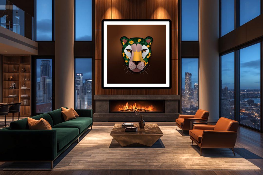 The Panthera Tribe: Cheetah. Installed in a luxury Los Angeles penthouse loft. The artwork's rich bronze and forest green palette commands the double-height architecture, projecting a quiet, kinetic energy against the cool twilight of the blue hour.