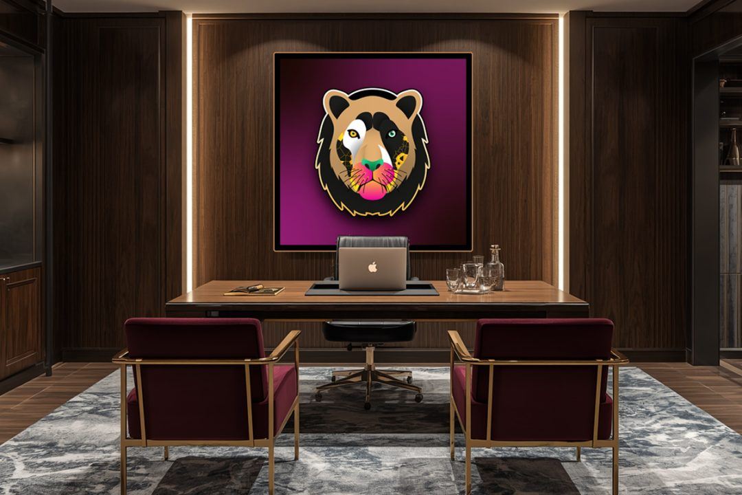 The Panthera Tribe: Lion. Displayed in a bespoke executive suite. The portrait’s striking gold and magenta gradients dictate the room’s rich wood and deep plum velvet palette, defining the psychological frequency of the entire space.