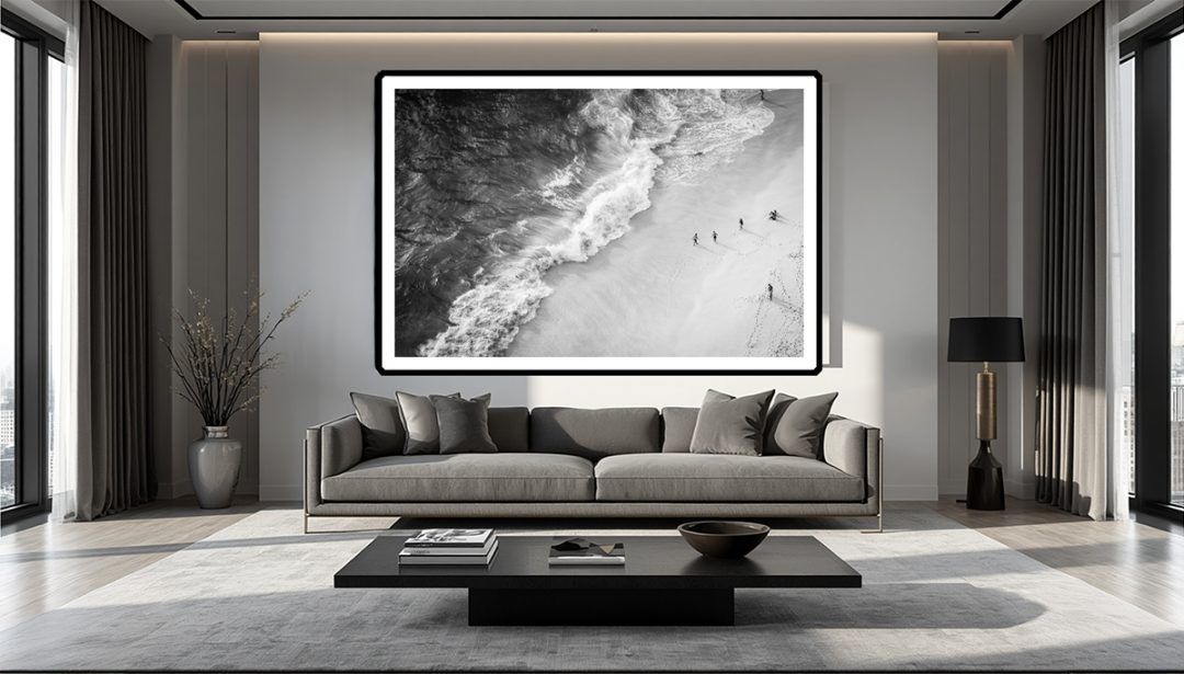 Striking the perfect balance between raw energy and refined stillness. Navigating the Threshold commands this minimalist modern penthouse, drawing the eye to the delicate intersection of chaos and order. Stripped of color, the focus becomes texture, scale, and the human element navigating the monumental forces of nature. Bring this visual metaphor into your own sanctuary.