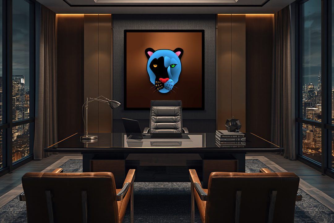 The Panthera Tribe: Panther. Anchoring a high-stakes Chicago executive corner office. The vibrant cobalt and deep blacks of the portrait integrate seamlessly with the room's warm bronze paneling, emanating a stealthy, absolute authority.
