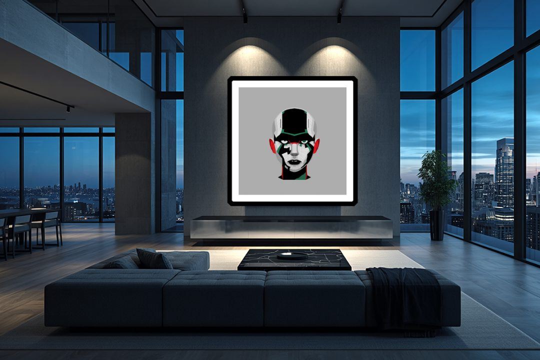 FOMO ReImagined: The Warrior. Curated for a minimalist San Francisco tech penthouse. The artwork's cybernetic resilience and calculated precision are perfectly mirrored by the stark, concrete aesthetic and commanding scale of the residential space.