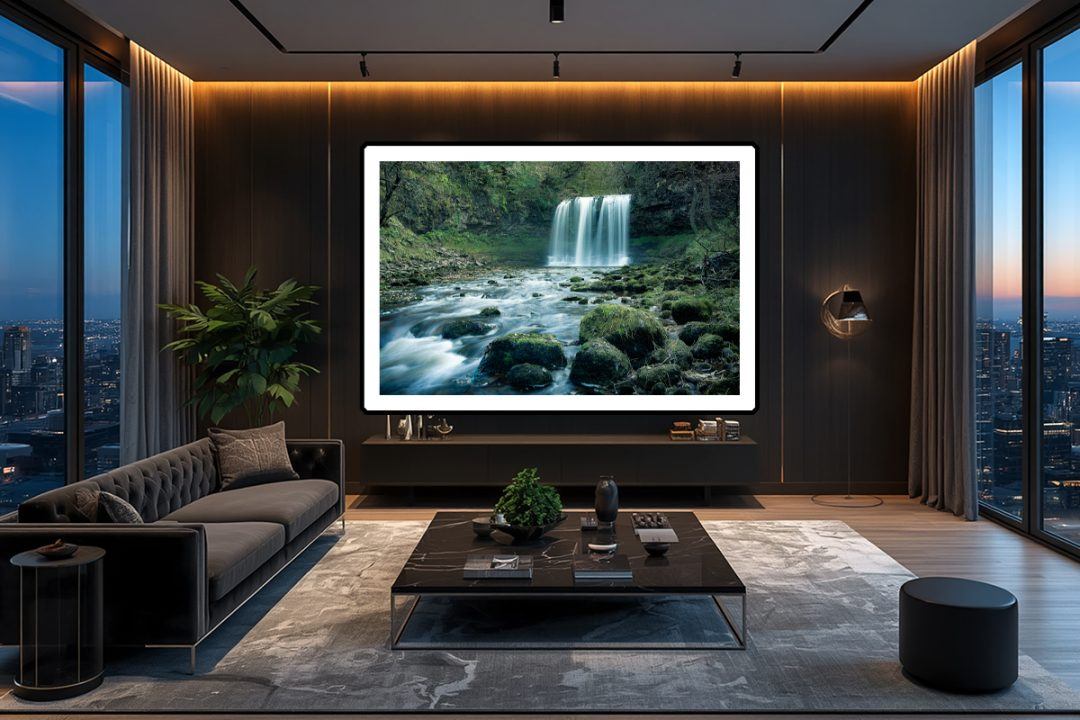 Flow State. Installed in an ultra-luxury, stealthy penthouse lounge. The smooth, ethereal motion of the compressed water commands the space, contrasting the quiet, absolute stillness of the dark slate and charcoal interior against the fading twilight sky.
